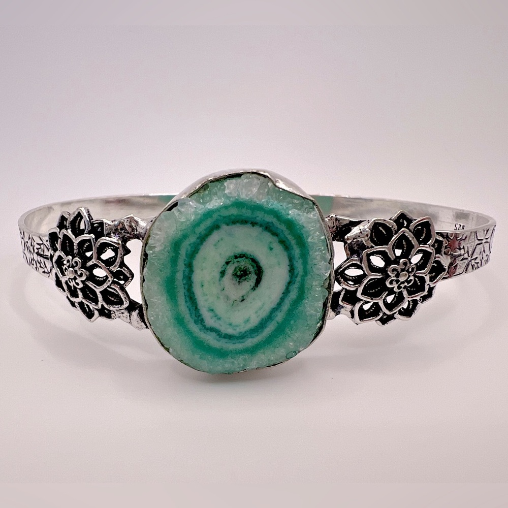 Silver Plated Geode Slice Cuff Bracelet, Lotus Design